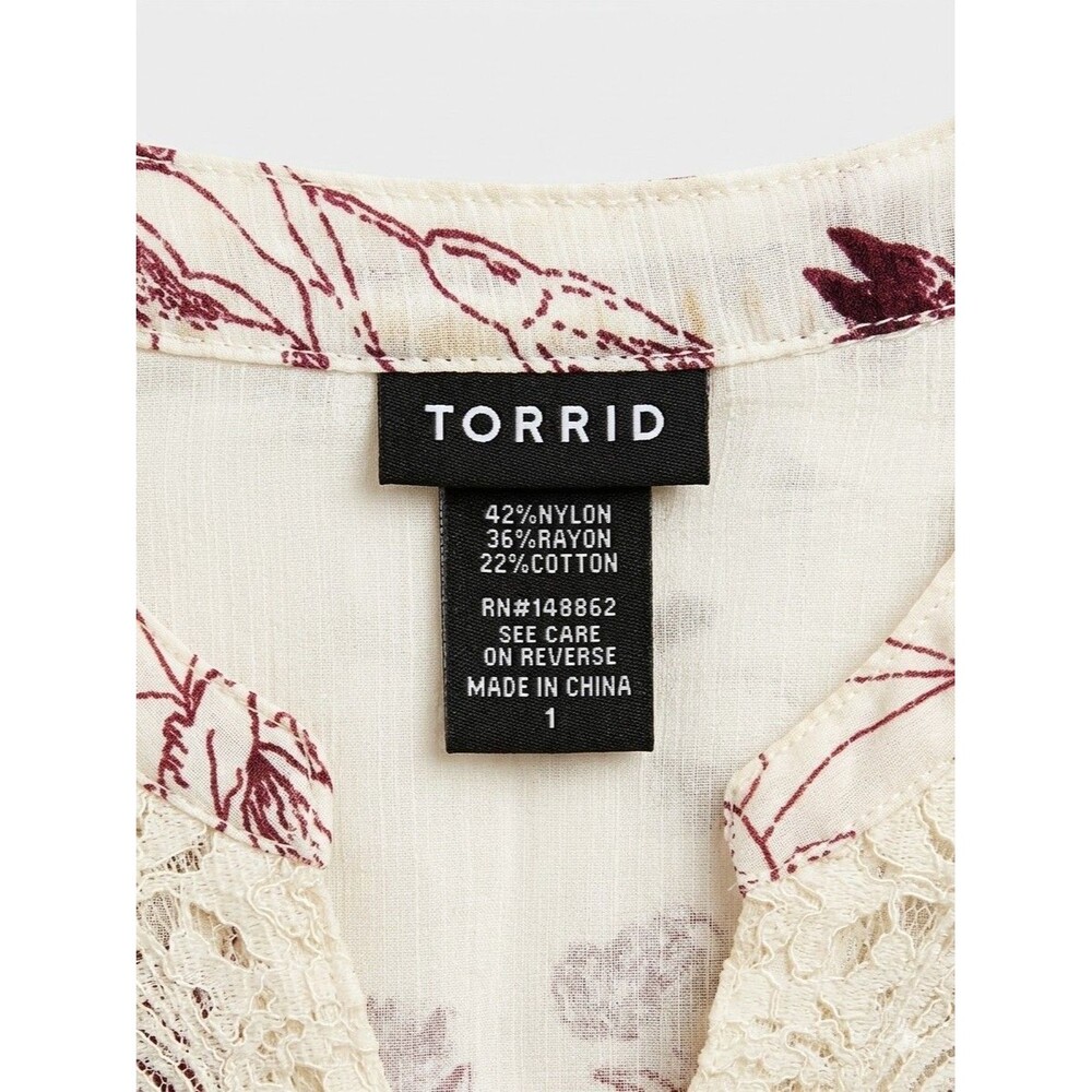 Torrid Women's Beige Burgundy Floral Lace V-Neck Long Sleeve Blouse size 1 - Picture 3 of 3